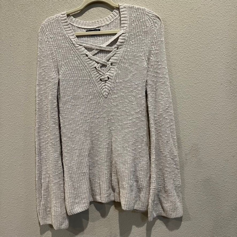 American Eagle Lace Up Sweater Women XS Beige Good Bell Sleeve Boho Knit